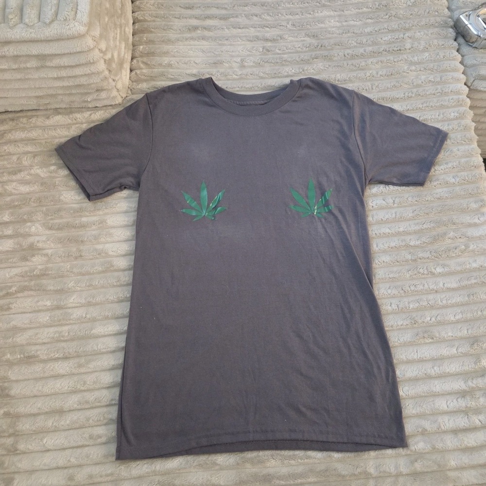 Womens Small S Gray Weed Leaf Graphic Tee T-Shirt Pot Festival Style